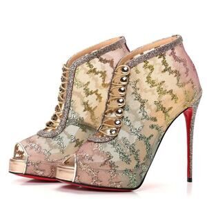 Christian Louboutin Top Top Glitter Lace Up Booties Size 37